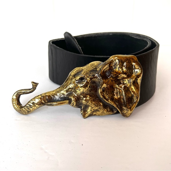 Vintage Elephant Buckle & Leather Belt Set of 2 - Picture 2 of 16